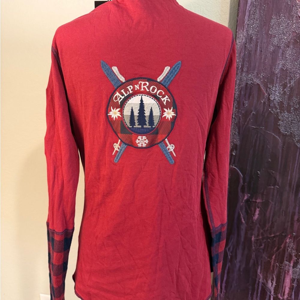NWT Alp Rock Miley Red Long-Sleeve Henley Shirt with Plaid Accents - Picture 4 of 5